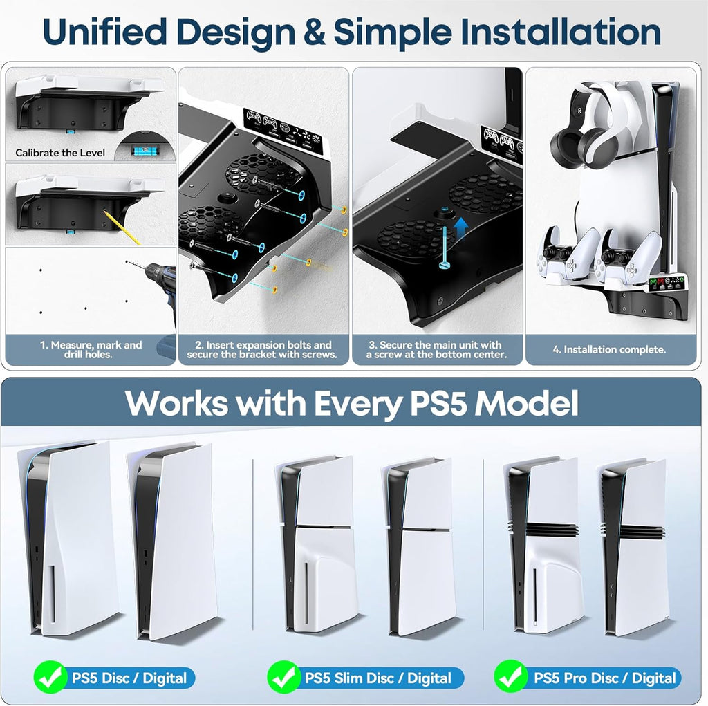 Tokluck PS5 Wall Mount Kit with Cooling Fan & Charging Station – 2 Sizes & 3 Colours - Flex Gamingproduct_type