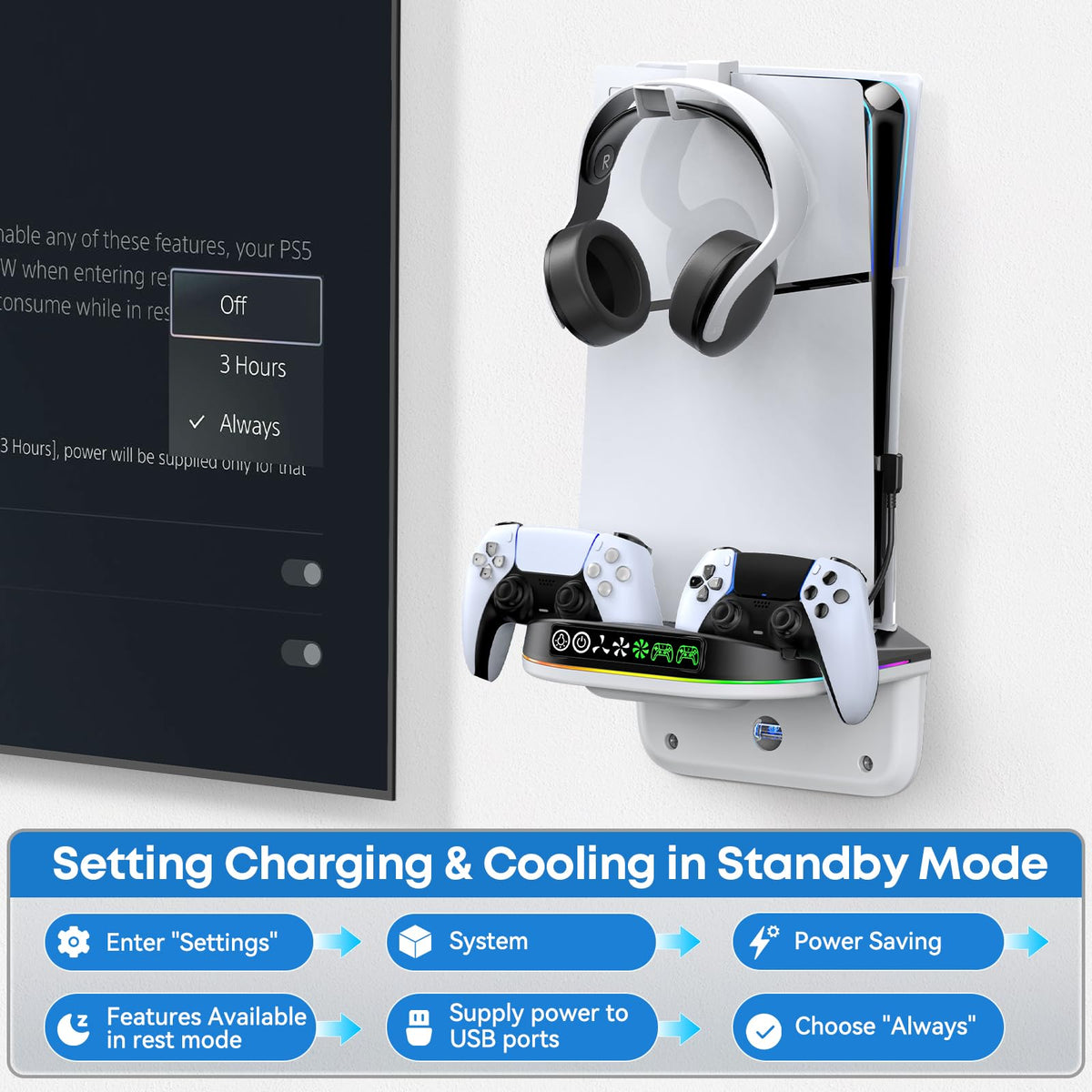 Tokluck PS5 Wall Mount Kit with Cooling Fan & Charging Station – 2 Sizes & 3 Colours - Flex Gamingproduct_type