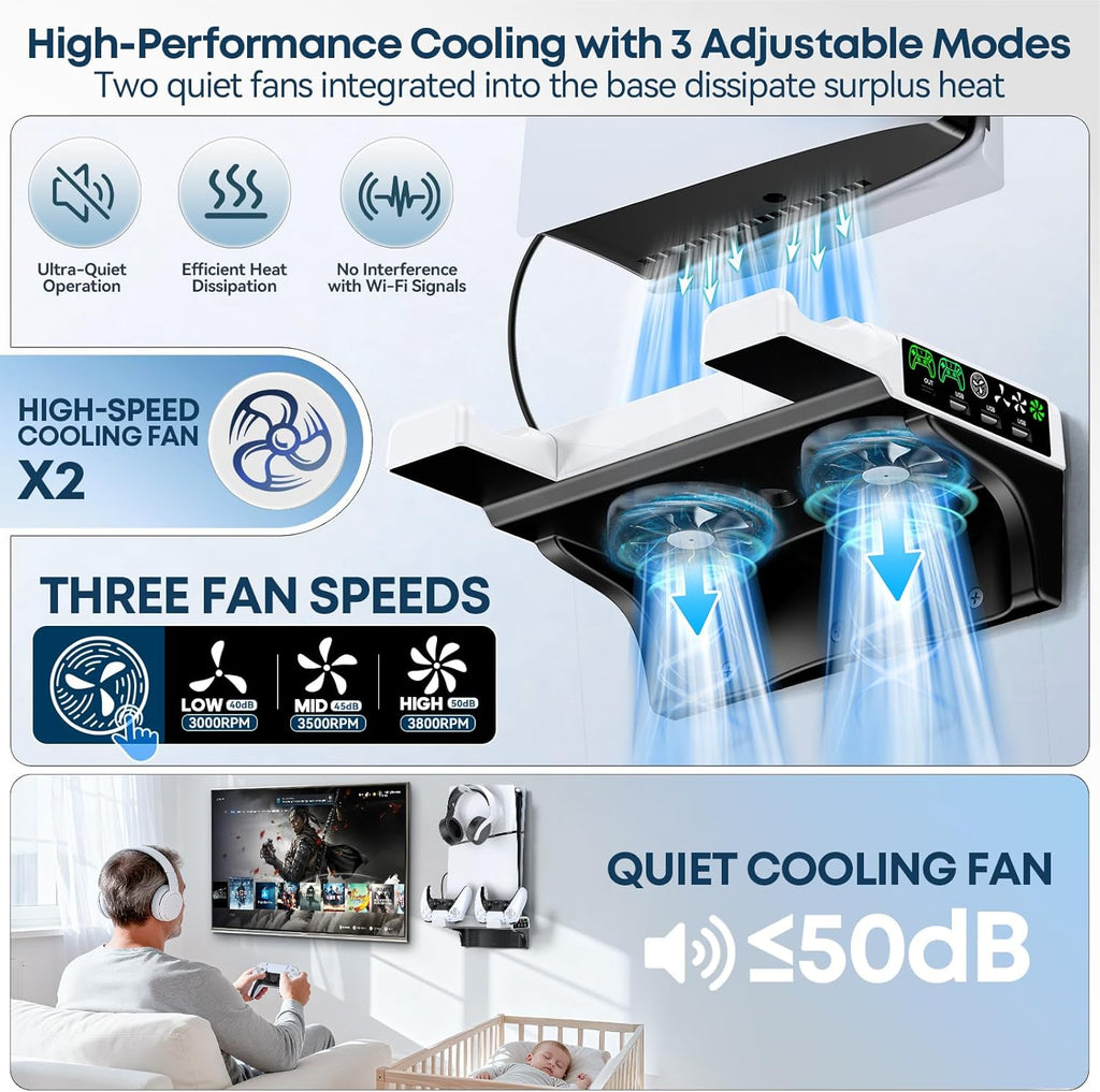 Tokluck PS5 Wall Mount Kit with Cooling Fan & Charging Station – 2 Sizes & 3 Colours - Flex Gamingproduct_type
