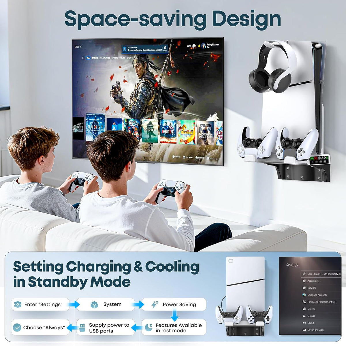 Tokluck PS5 Wall Mount Kit with Cooling Fan & Charging Station – 2 Sizes & 3 Colours - Flex Gamingproduct_type
