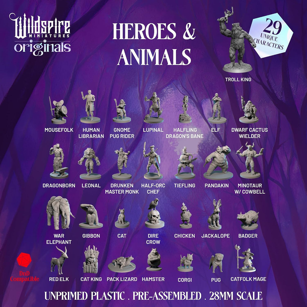 Wildspire Fantasy Heroes, NPC Animal Companions & Troll King – 28mm Unpainted DND Miniatures - Flex Gamingproduct_type