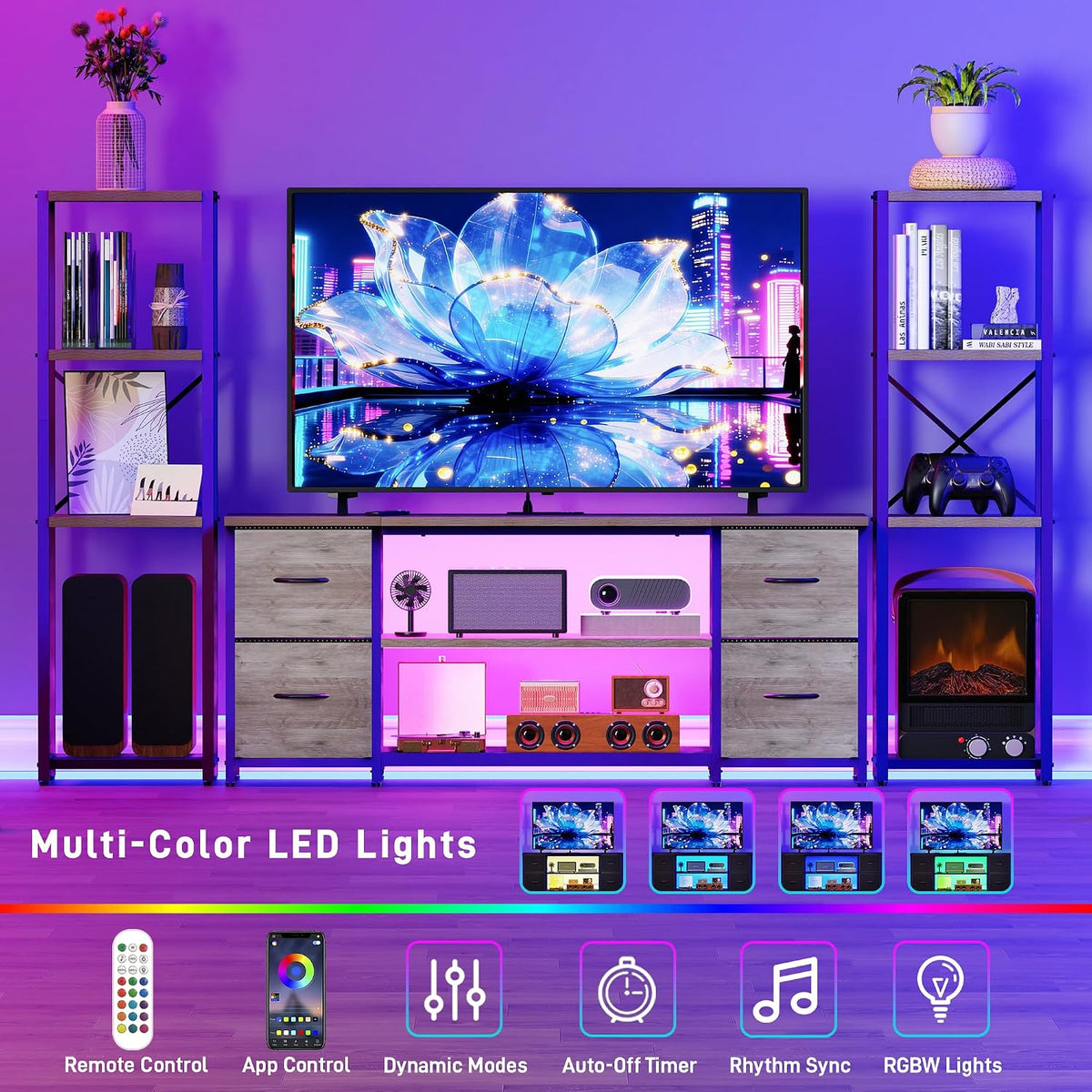 Yenlure LED TV Stand Entertainment Center Bookshelf Combo – 4 Colors - Flex Gamingproduct_type
