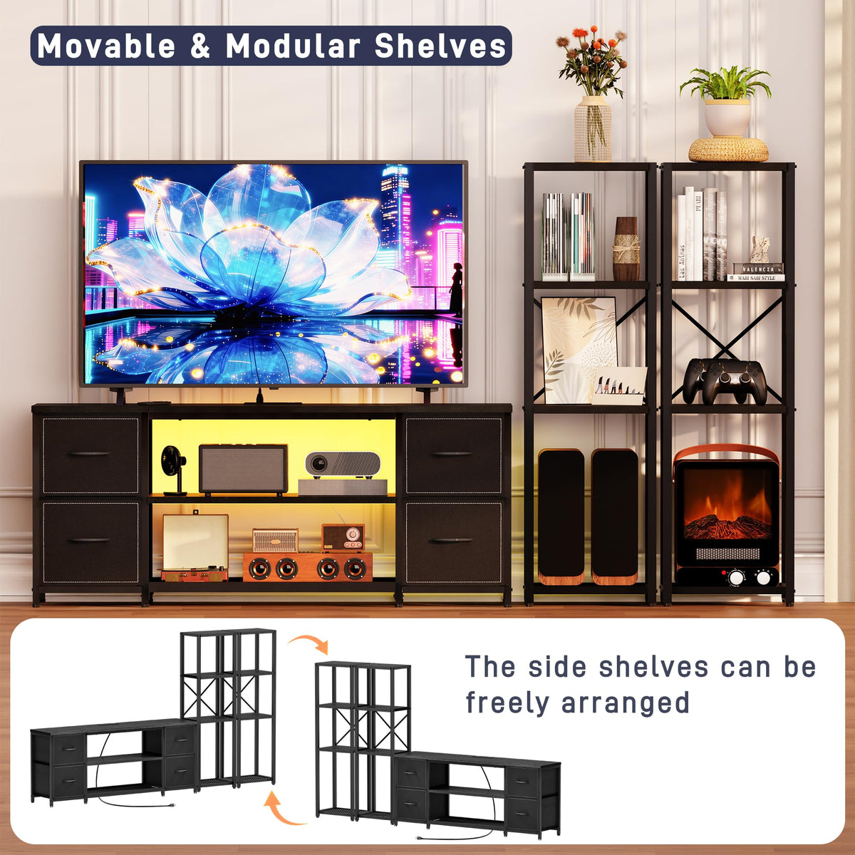 Yenlure LED TV Stand Entertainment Center Bookshelf Combo – 4 Colors - Flex Gamingproduct_type